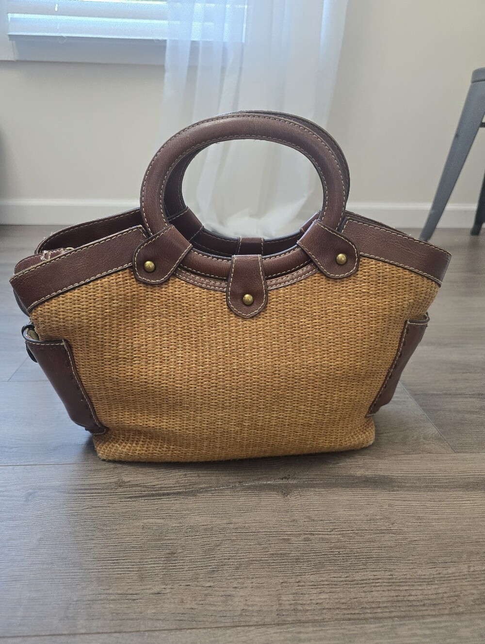 Fossil woven straw and brown leather trim satchel Vintage Cottagecore Fisherman - Picture 2 of 12